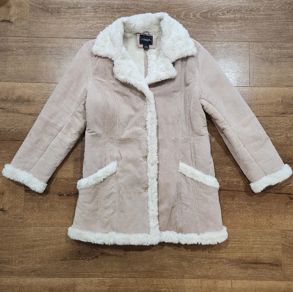 Vtg Y2K shearling penny lane leather suede overcoat large retro 70s hippie cozy